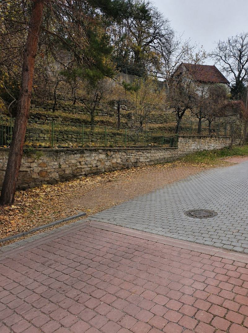 Pohled na pozemek Šplechnerova z ulice — oplocení a stávající zástavba v okolí